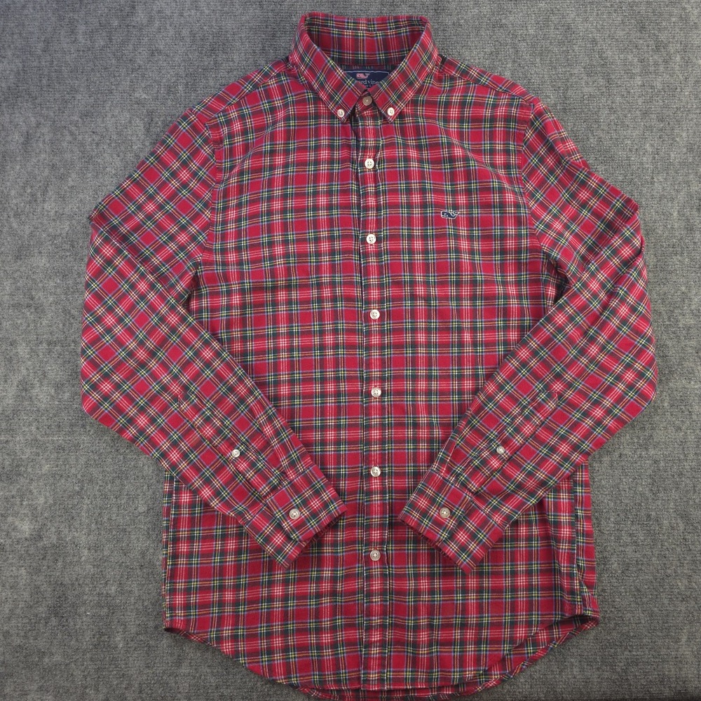Vineyard Vines Slim Fit Whale Shirt Small‎ Red Green Plaid Long Sleeve Button